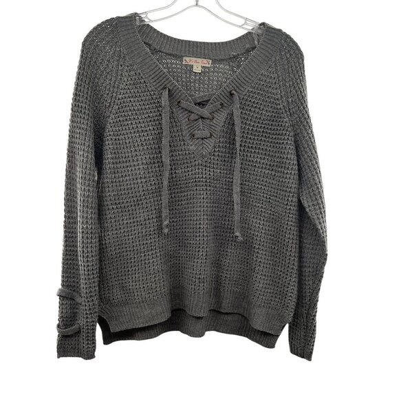 It's Our Time Women's Knit Pullover Sweater Lace Up Neck Gray Size Medium - Picture 1 of 9